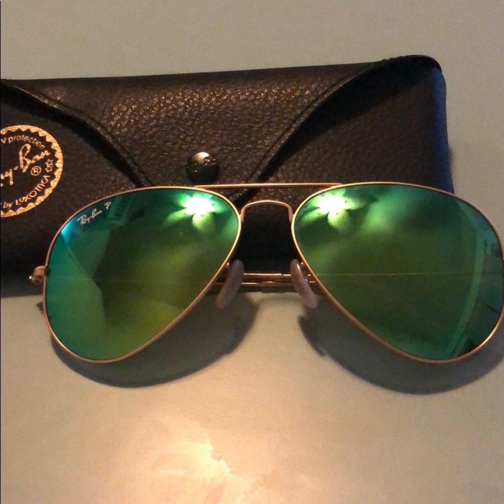 Gold frame Ray Ban aviators w/ green mirror lenses